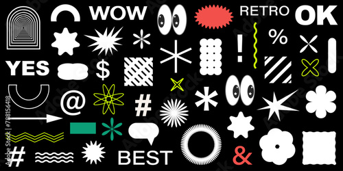 Abstract Shapes set y2k style for banner. Groovy Retro Y2k aesthetic. Trendy 90s. Trendy geometric forms for banner,stickers,poster. Simple shapes,Flower,spiral,wave. Elements 2000s. Abstract brutal s (ID: 788156418)