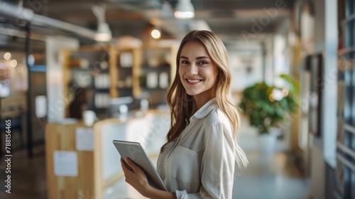 A Smiling Woman with Tablet