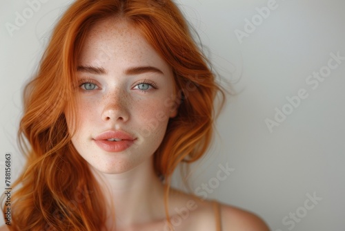 Close up of beautiful young caucasian woman model with red hair looking at camera, clear skin