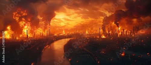 Fiery Twilight Over Industrial Catastrophe. Concept Apocalyptic Scenes  Climate Change Effects  Environmental Destruction  Industrial Catastrophes