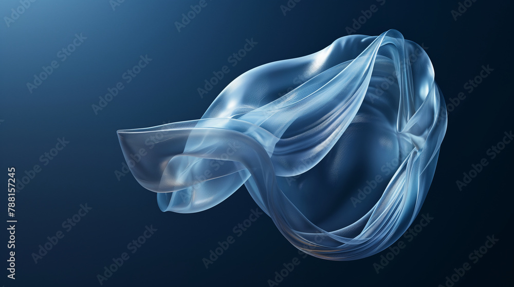 3D abstract transparent object on blue background, glossy elegant shape background, blue fluid - obrazy, fototapety, plakaty 