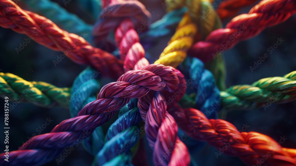 Knot, color and network of rope with all diversity, support and texture for structure, safety or strong connection. String, thread or yarn on wallpaper with abstract textile, lines or rainbow synergy