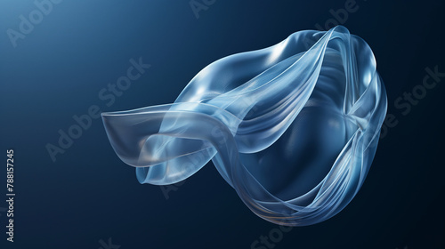 3D abstract transparent object on blue background, glossy elegant shape background, blue fluid