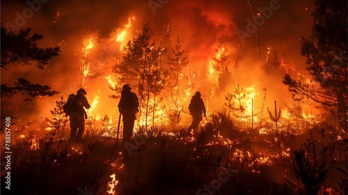 Hikers and firefighters survey fire-ravaged forest. © Nuntapuk