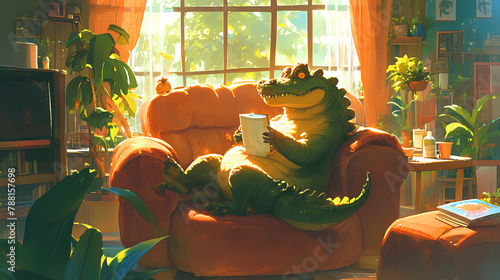 relax cute crocodile. crocodile at home background illustration