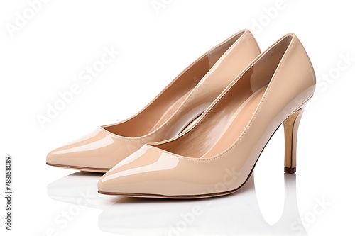 Pair of beige high heel shoes on a white
