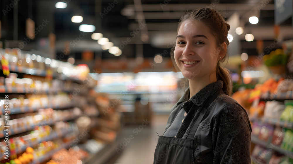 warm and welcoming atmosphere, smiling, young and attractive saleswoman, cashier serving customers warm and welcoming atmosphere, smiling, young and attractive saleswoman, cashier serving customers