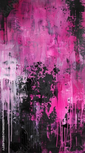 Abstract art gallery featuring pink and black paintings