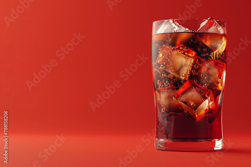 Coke with ice. Fresh cold sweet drink with ice cubes on empty red background with space for text or inscriptions, front view
 photo