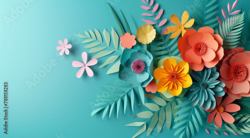 Paper flowers, 3d and art decor for abstract and colorful for spring artistic crafts or creative or decoration isolated. Petal, floral and stem for leaf bouquet in orange, yellow or blue on mockup