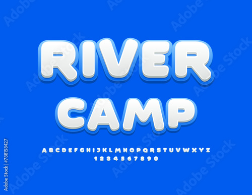 Vector activity banner River Camp with modern Alphabet Letters and Numbers set. Creative White and Blue Font.