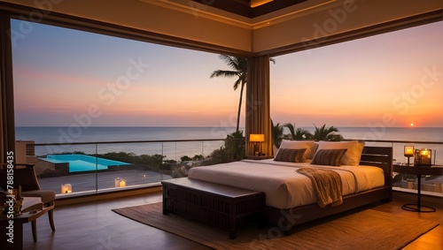 Bedroom in luxury tropical beach resort with swimming pool and beautiful sunset sky in background. AI Generative. photo