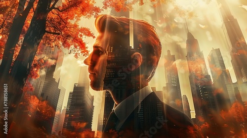 With the city ablaze in autumn's colors, a man's determined visage superimposes, a poignant portrayal of ambition navigating the complexities of urban life's ever-changing skyline.
 photo