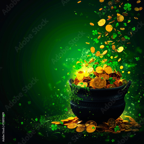 vase with coins and clovers on green background