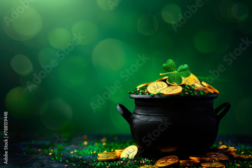 vase with coins and clovers on green background