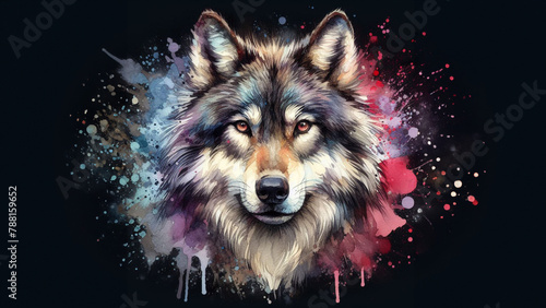 Ethereal Canine: Dark Background Enhances the Majestic of a Wolf in Watercolor Splashes