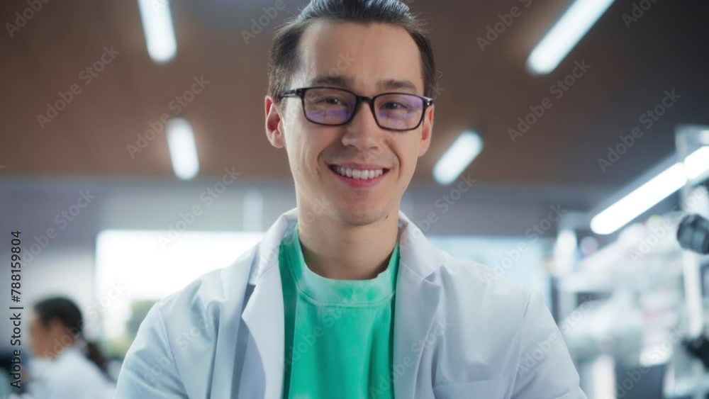 Medical Research Scientist Looking at Biological Samples Under a Microscope in an Applied Science Laboratory. Portrait of a Handsome Young Lab Engineer in White Coat Looking at Camera and Smiling Medical Research Scientist Looking at Biological Samples Under a Microscope in an Applied Science Laboratory. Portrait of a Handsome Young Lab Engineer in White Coat Looking at Camera and Smiling