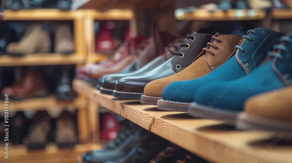 Shoes lined up in a groove like shelf in a shop. Shoes lined up in a groove like shelf in a shop.