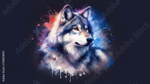 Midnight Howl: Watercolor Splashes Capture a Wolf in Full Majesty on a Shadowy Backdrop.