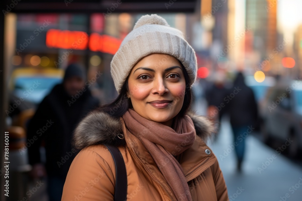Portrait of a tender indian woman in her 40s dressed in a warm ski hat in bustling city street background Portrait of a tender indian woman in her 40s dressed in a warm ski hat in bustling city street background