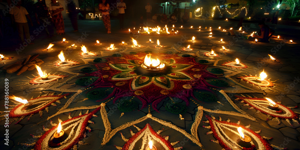  Oil lamps lit on colorful rangoli during diwali celebration