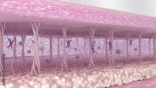 Collagen fibers regeneration in the skin tissues. Fibroblast activation and wrinkle tightening. Extracellular matrix before and after anti-aging skin treatment and cosmetics action.  3d animation
