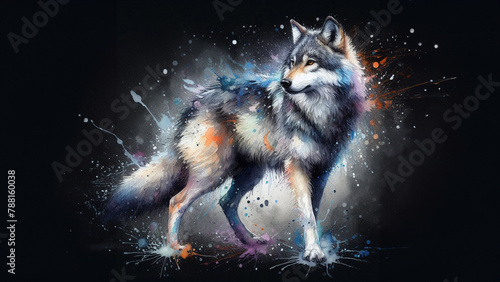 Lone Predator: A Full-Body Illustration of a Wolf Against a Dark Background in Watercolor Splashes.