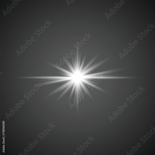 Star lens flare. Lighting effect white spotlight. White glowing light explodes.
