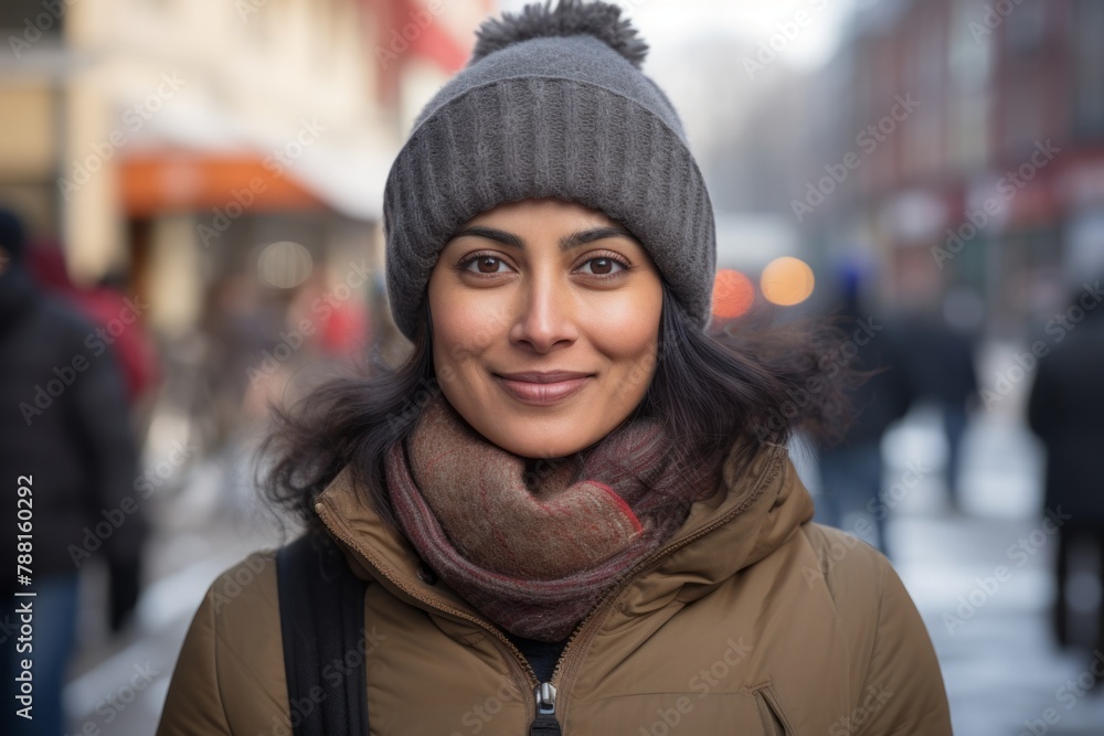 Portrait of a tender indian woman in her 40s dressed in a warm ski hat in bustling city street background Portrait of a tender indian woman in her 40s dressed in a warm ski hat in bustling city street background