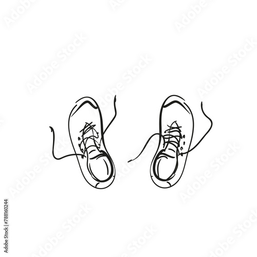 Hand drawn unlaced shoe, top view, simple vector sketch of a pair of isolated outdoor boots photo