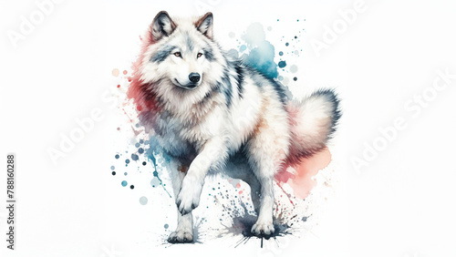 Silent Sentinel: A Full-Body Watercolor Splash Illustration of a Wolf on a Pristine White Background