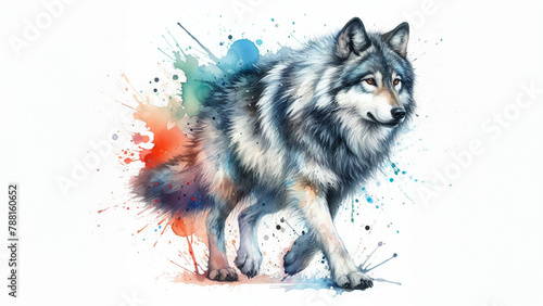 Lone Wanderer: Full-Body Portrait of a Wolf Crafted in Dynamic Watercolor Splashes on White Canvas