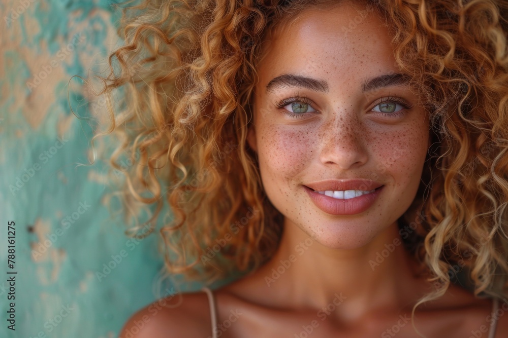 portrait of happy beautiful Hispanic woman with short blonde curly hair, with freckles on her face and sensual lips, closeup portrait of happy beautiful Hispanic woman with short blonde curly hair, with freckles on her face and sensual lips, closeup