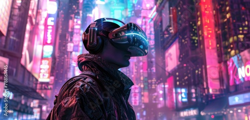 Un homme portant un casque de réalité virtuelle et une veste noire regardant la caméra sur fond de ville futuriste.