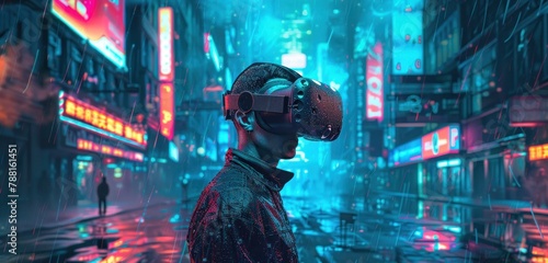 Un homme portant un casque de réalité virtuelle et une veste noire regardant la caméra sur fond de ville futuriste.