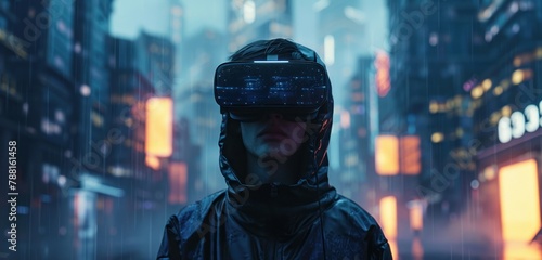 Un homme portant un casque de réalité virtuelle et une veste noire regardant la caméra sur fond de ville futuriste.