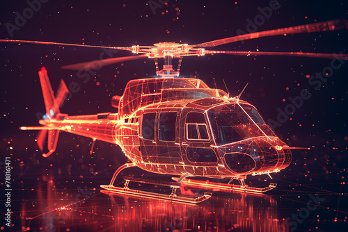 An innovative wireframe-based visualization depicting a helicopter against a glowing translucent background, showcasing advanced design and futuristic aesthetics
