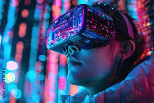 Une personne portant un casque de réalité virtuelle devant des visualisations de données lumineuses.