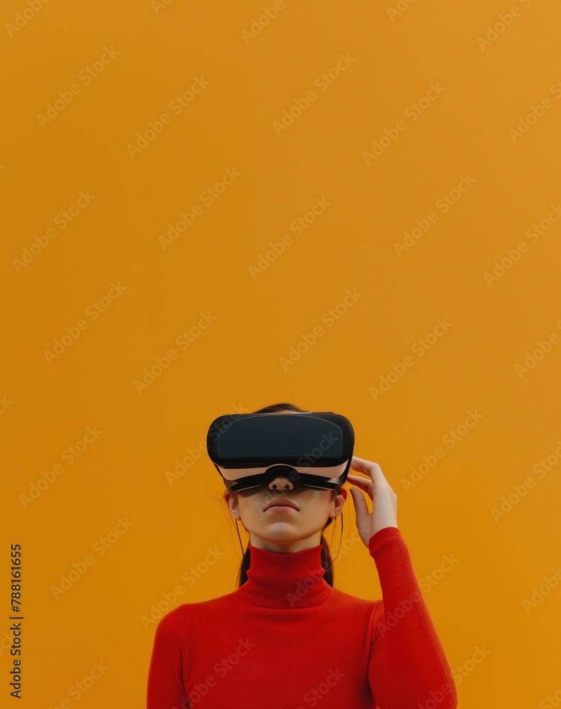 Une femme portant des lunettes de réalité virtuelle sur fond orange, image avec espace pour texte. Une femme portant des lunettes de réalité virtuelle sur fond orange, image avec espace pour texte.