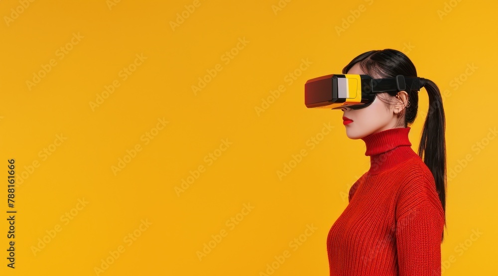 Une femme portant des lunettes de réalité virtuelle sur fond orange, image avec espace pour texte. Une femme portant des lunettes de réalité virtuelle sur fond orange, image avec espace pour texte.