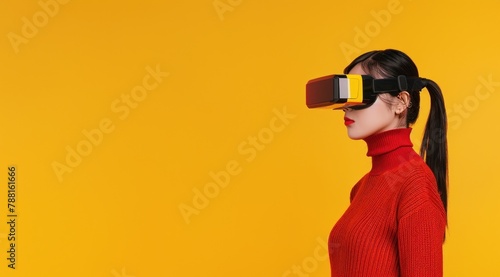 Une femme portant des lunettes de réalité virtuelle sur fond orange, image avec espace pour texte.