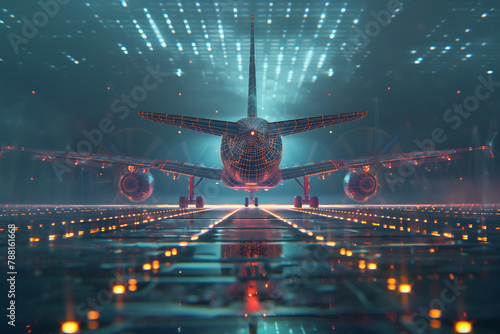 A futuristic wireframe-based visualization of an airplane against a glowing translucent background, showcasing advanced aeronautic design and cutting-edge technology in digital art.