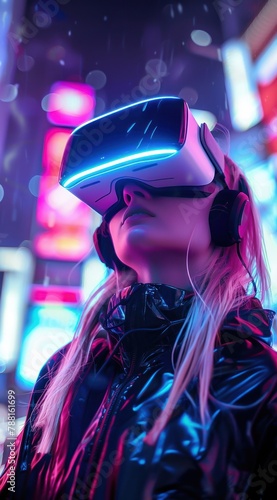 Femme blonde portant un casque de réalité virtuelle, style cyberpunk, arrière-plan de ville futuriste.