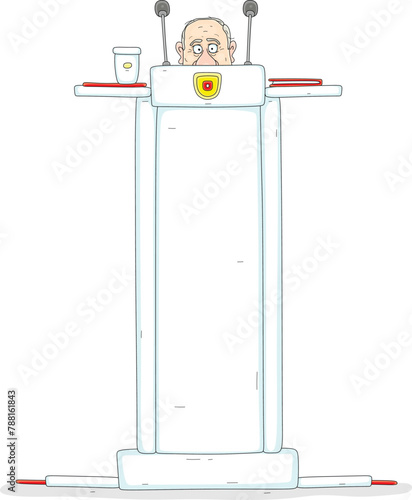 Funny official on a high white podium taking his very important speech at a meeting or press conference, vector cartoon illustration on a white background