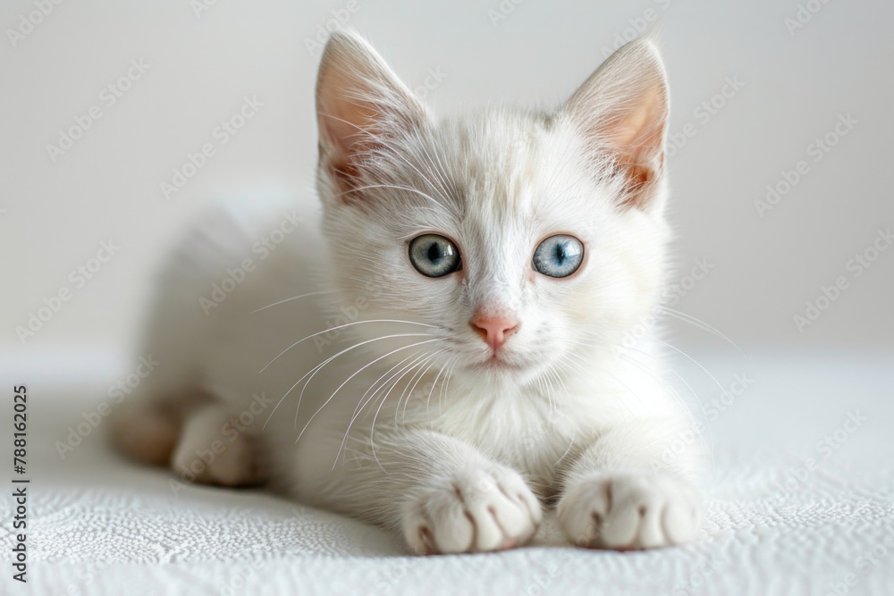 A cute smiling white kitten looks at the camera on a light background.