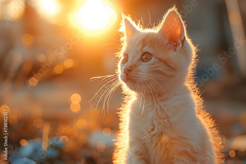 A cute white kitten looks at the camera in the rays of the setting sun.