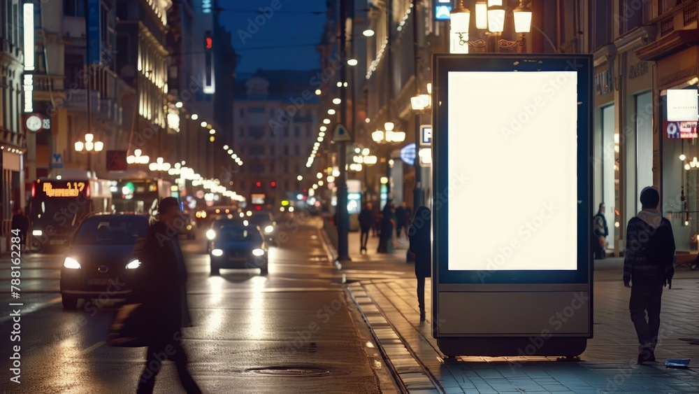 An empty billboard on the background of a night city street. An empty space for advertising products. Street advertising, urban marketing. Realistic image.