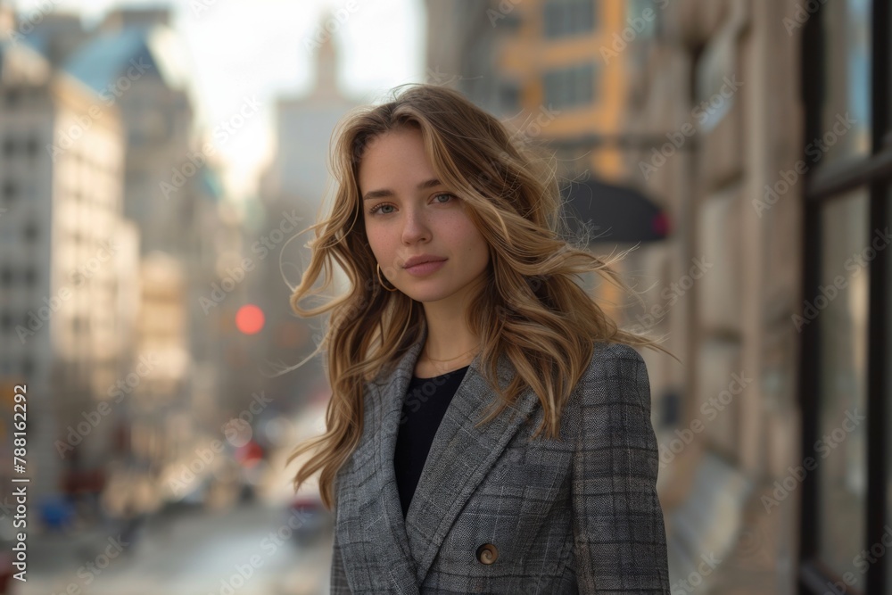 An office woman in a strict gray suit stands on the street against a city background.