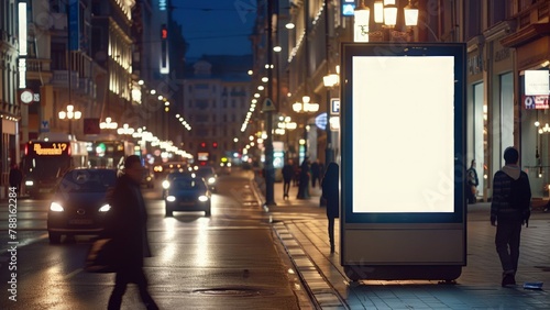 An empty billboard on the background of a night city street. An empty space for advertising products. Street advertising  urban marketing. Realistic image.
