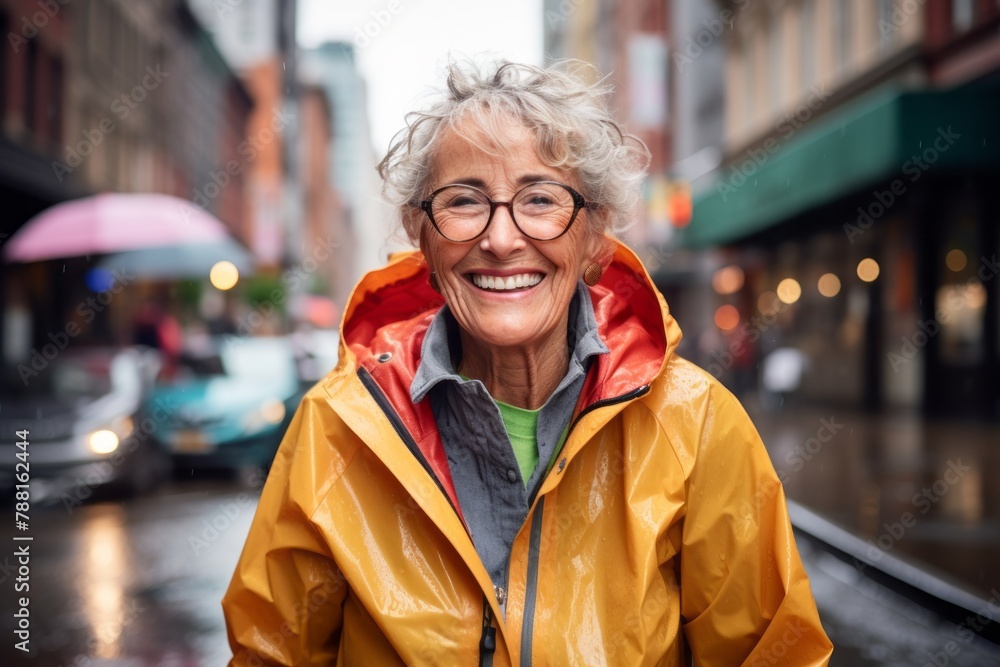 Portrait of a grinning woman in her 70s sporting a waterproof rain jacket in front of bustling city street background